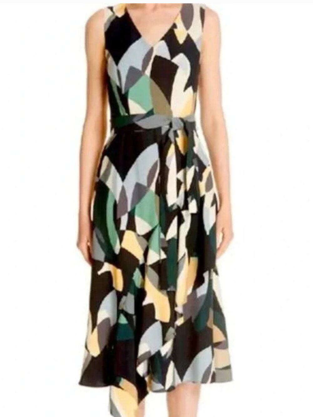 Lafayette 148 Abstract Print V-Neck Midi Dress Belt Size 12 Luxury Art‎ Deco